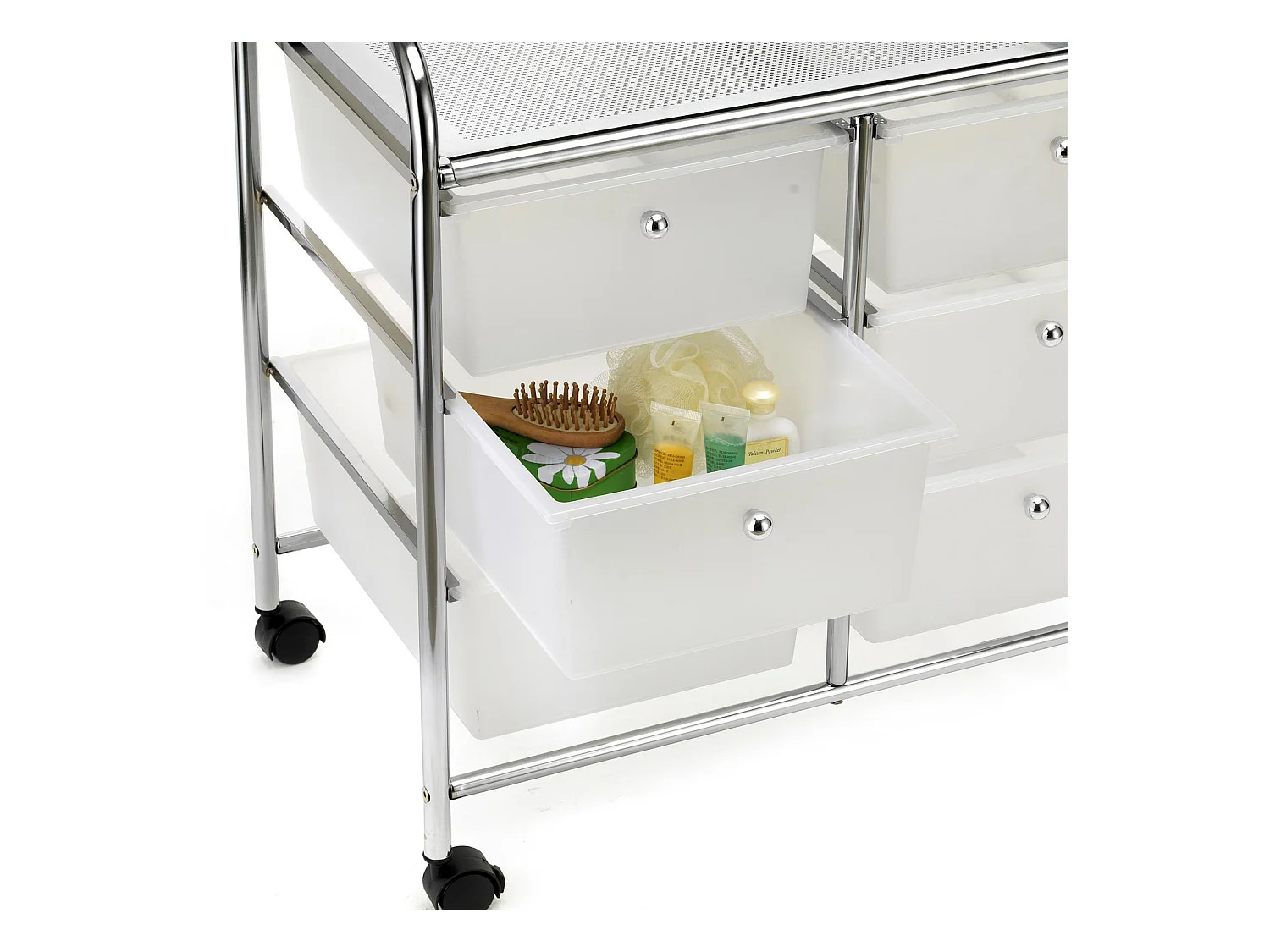 Caisson sur roulettes GINA chariot avec 5 tiroirs en plastique blanc transparent et 1 étagère, rangement salle de bain