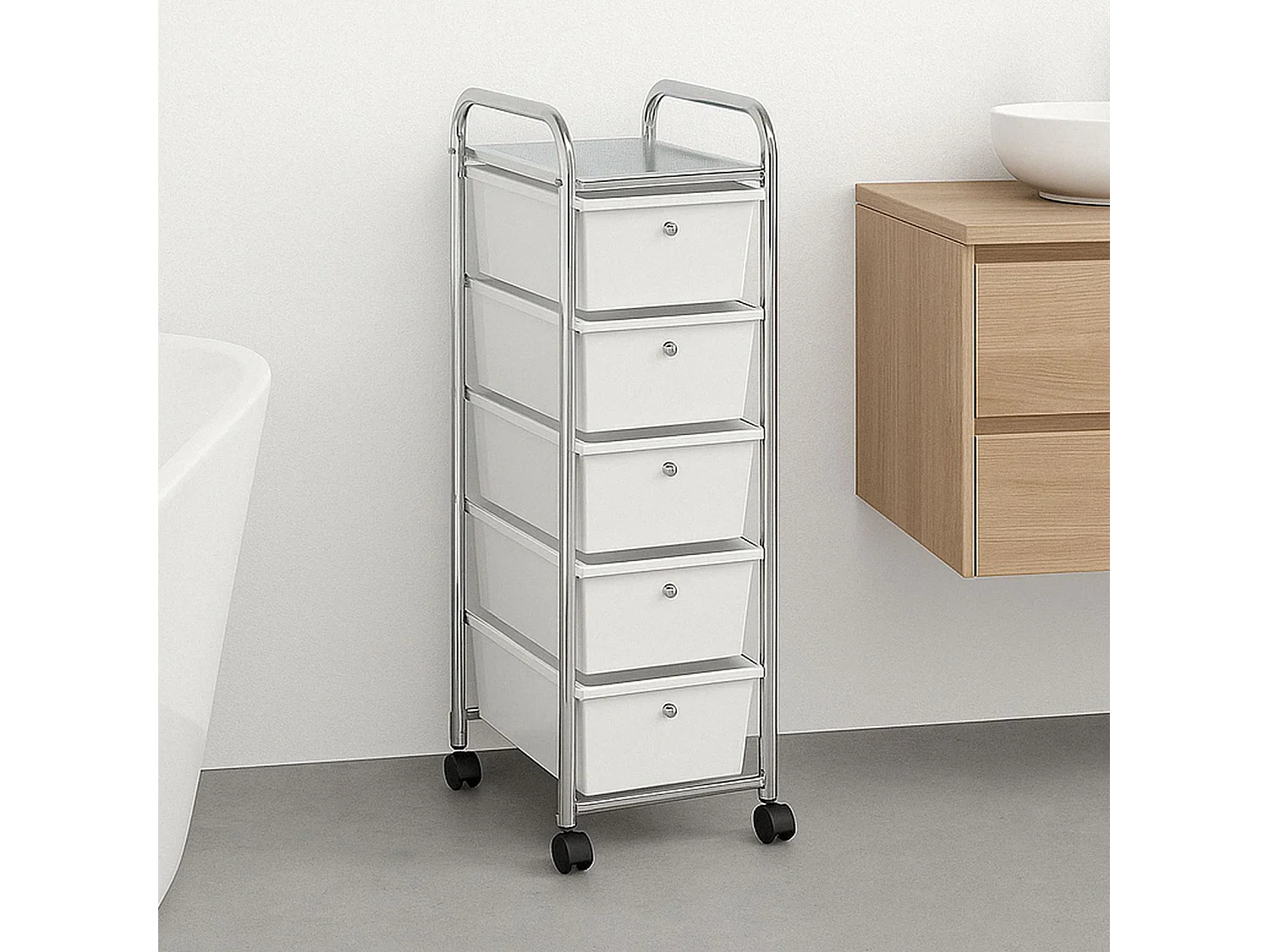 Caisson sur roulettes GINA chariot avec 5 tiroirs en plastique blanc transparent et 1 étagère, rangement salle de bain