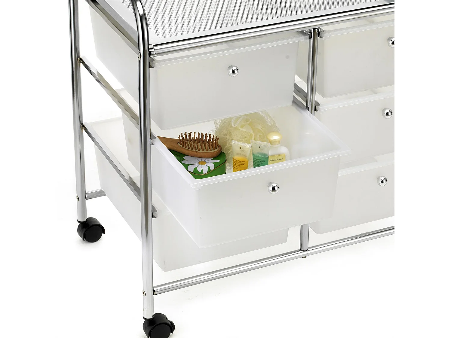 Caisson sur roulettes GINA chariot avec 5 tiroirs en plastique blanc transparent et 1 étagère, rangement salle de bain