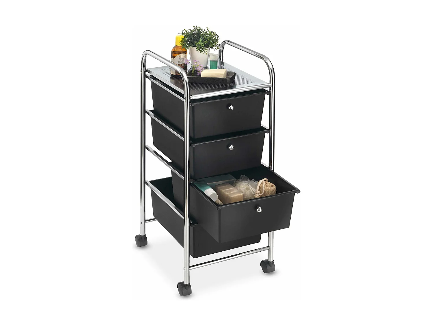 Caisson sur roulettes GINA chariot avec 4 tiroirs en plastique noir et 1 étagère, rangement salle de bain en métal chromé
