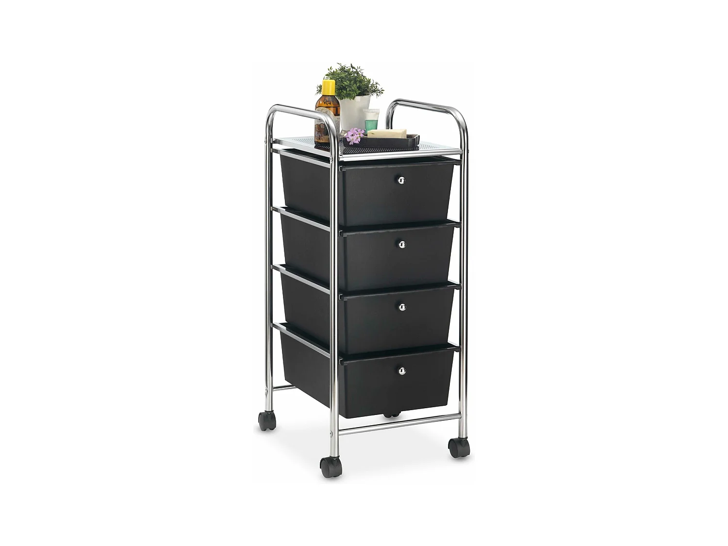 Caisson sur roulettes GINA chariot avec 4 tiroirs en plastique noir et 1 étagère, rangement salle de bain en métal chromé