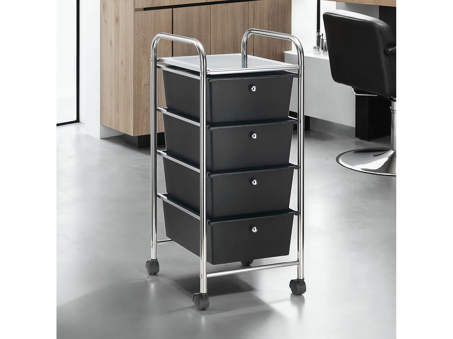 Caisson sur roulettes GINA chariot avec 4 tiroirs en plastique noir et 1 étagère, rangement salle de bain en métal chromé