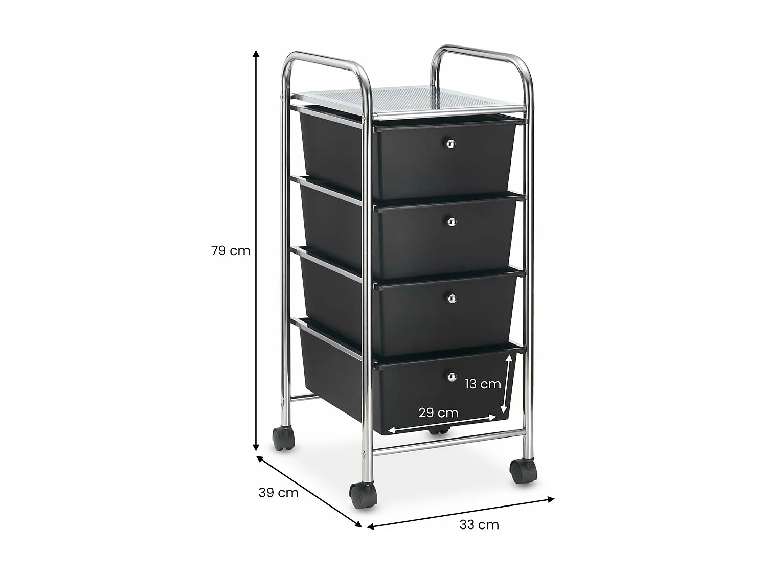 Caisson sur roulettes GINA chariot avec 4 tiroirs en plastique noir et 1 étagère, rangement salle de bain en métal chromé