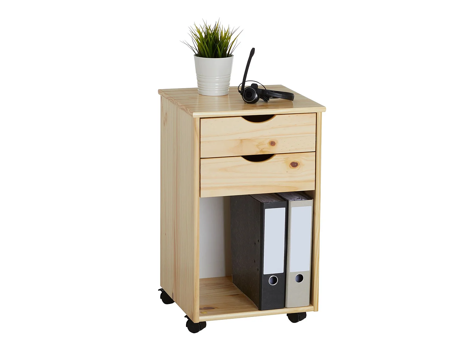 Caisson de bureau KANO, meuble de rangement sur roulettes avec 2 tiroirs et 1 niche, en pin massif naturel