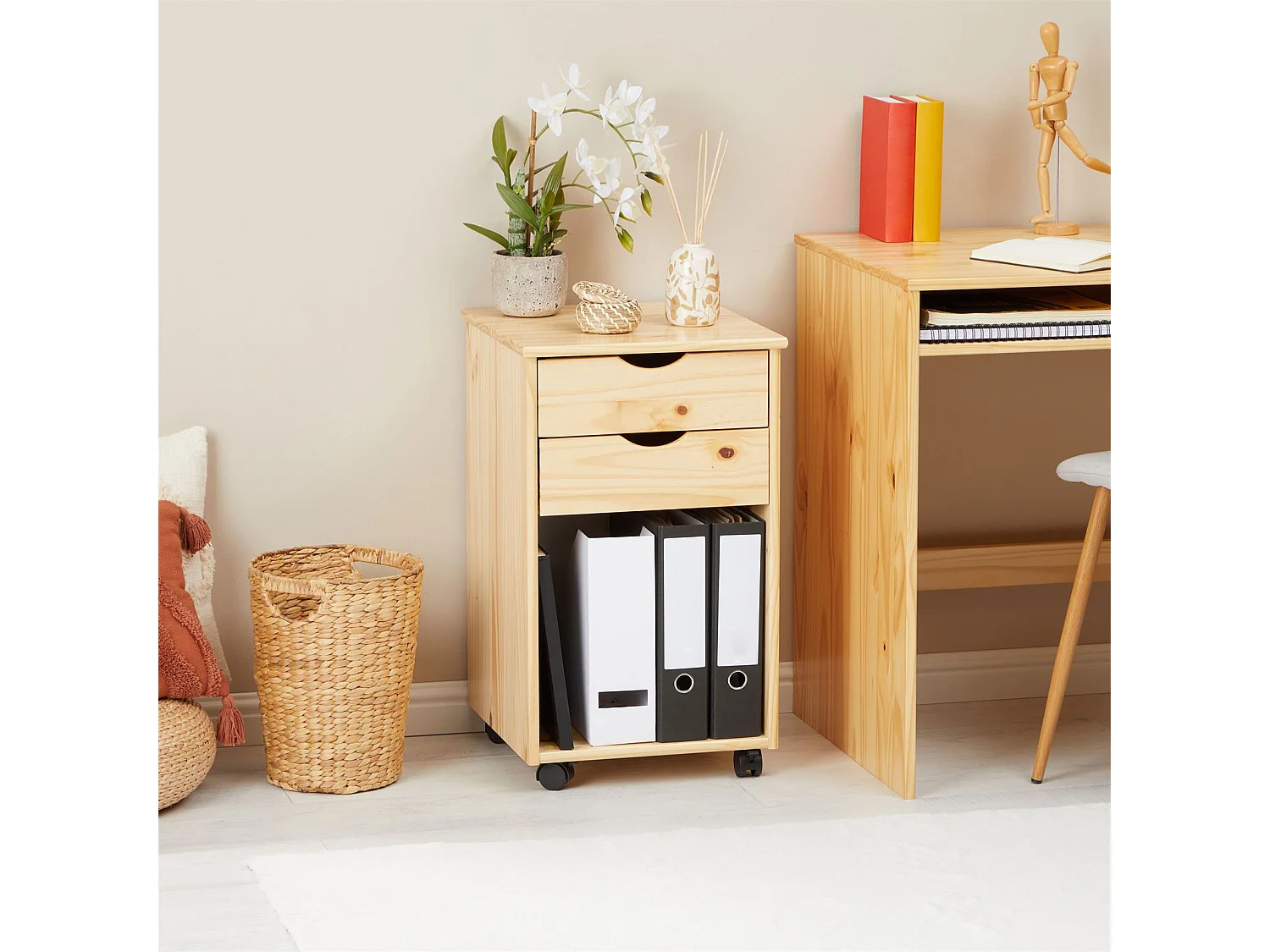 Caisson de bureau KANO, meuble de rangement sur roulettes avec 2 tiroirs et 1 niche, en pin massif naturel