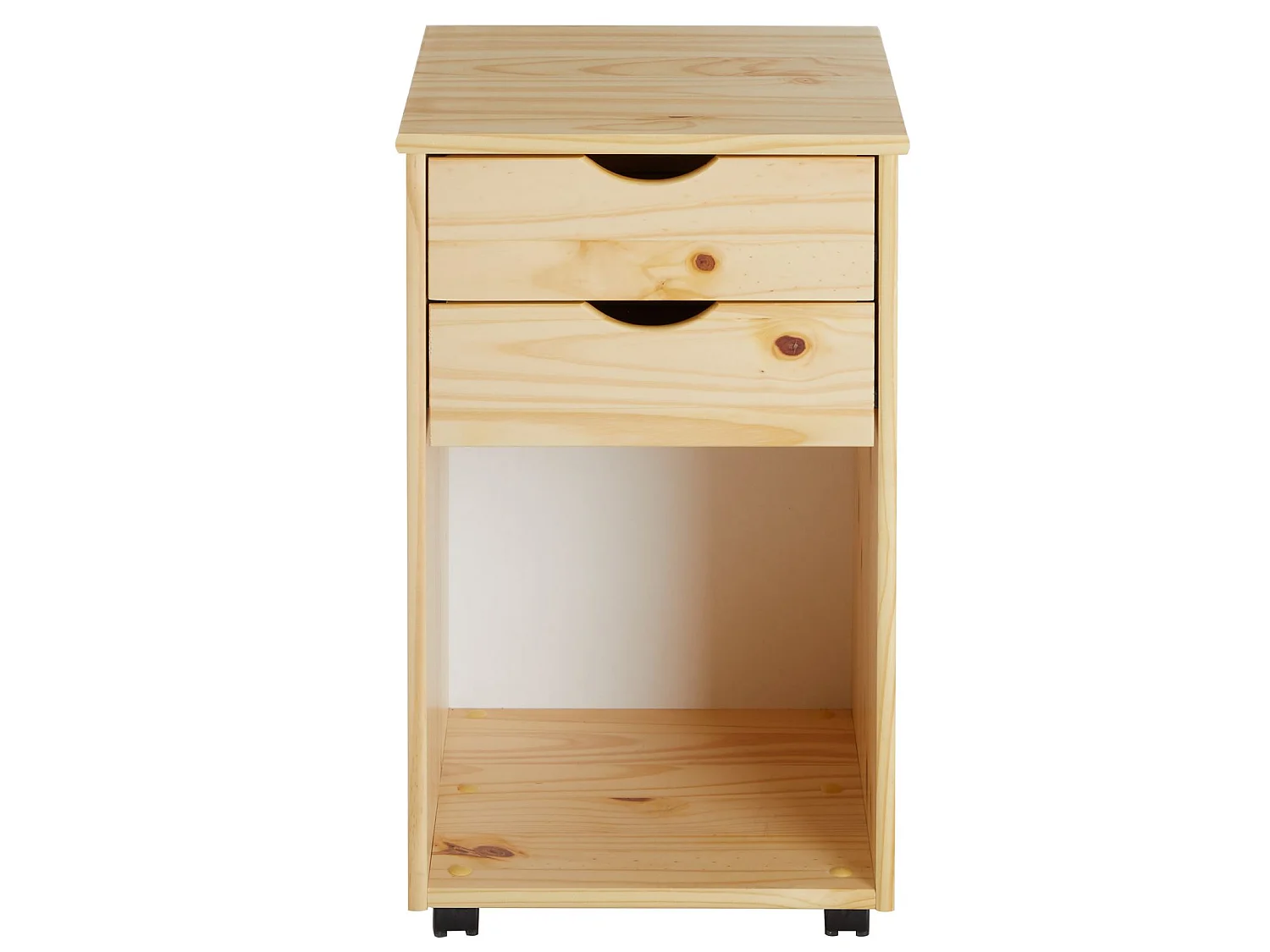 Caisson de bureau KANO, meuble de rangement sur roulettes avec 2 tiroirs et 1 niche, en pin massif naturel