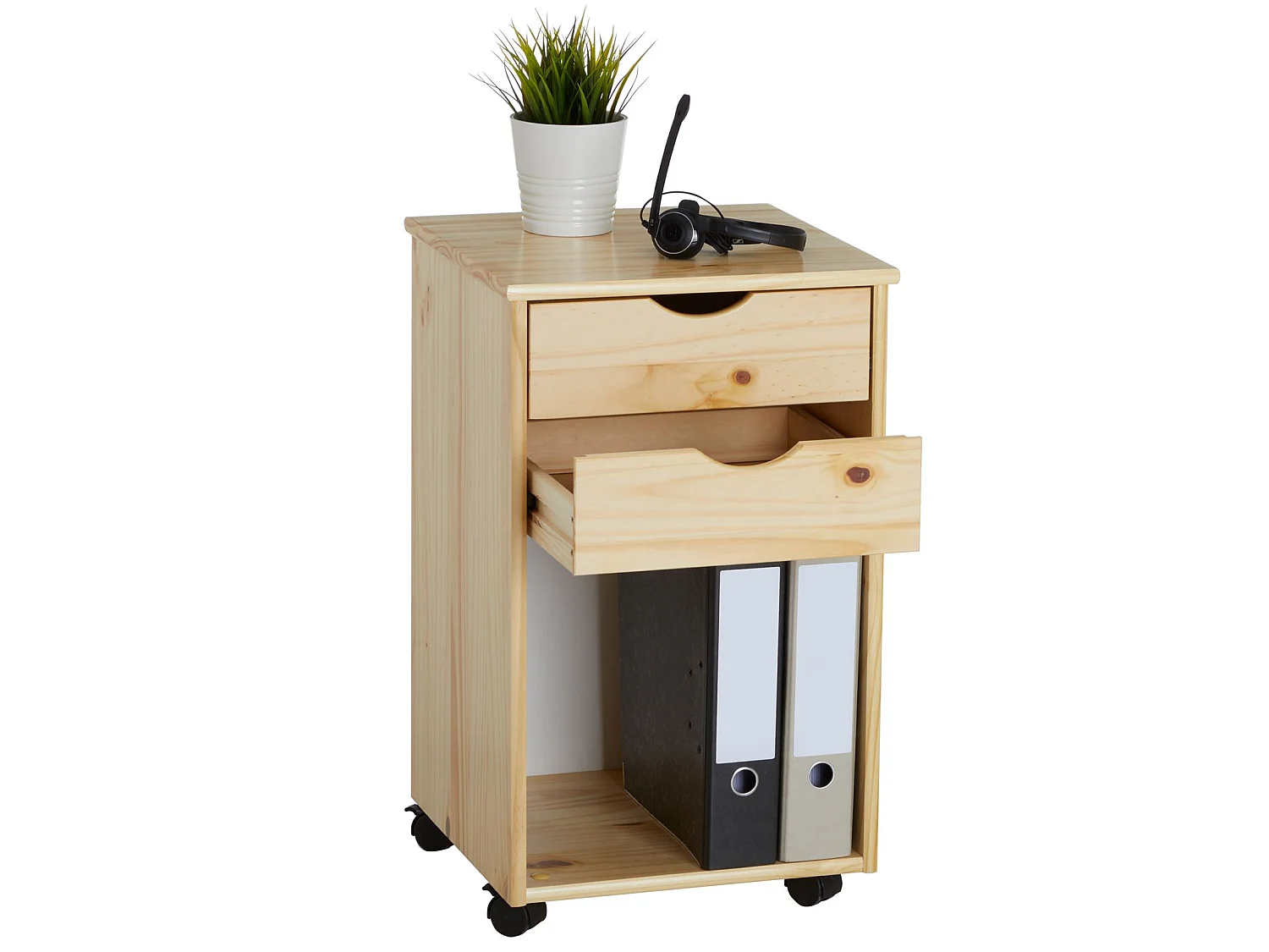 Caisson de bureau KANO, meuble de rangement sur roulettes avec 2 tiroirs et 1 niche, en pin massif naturel
