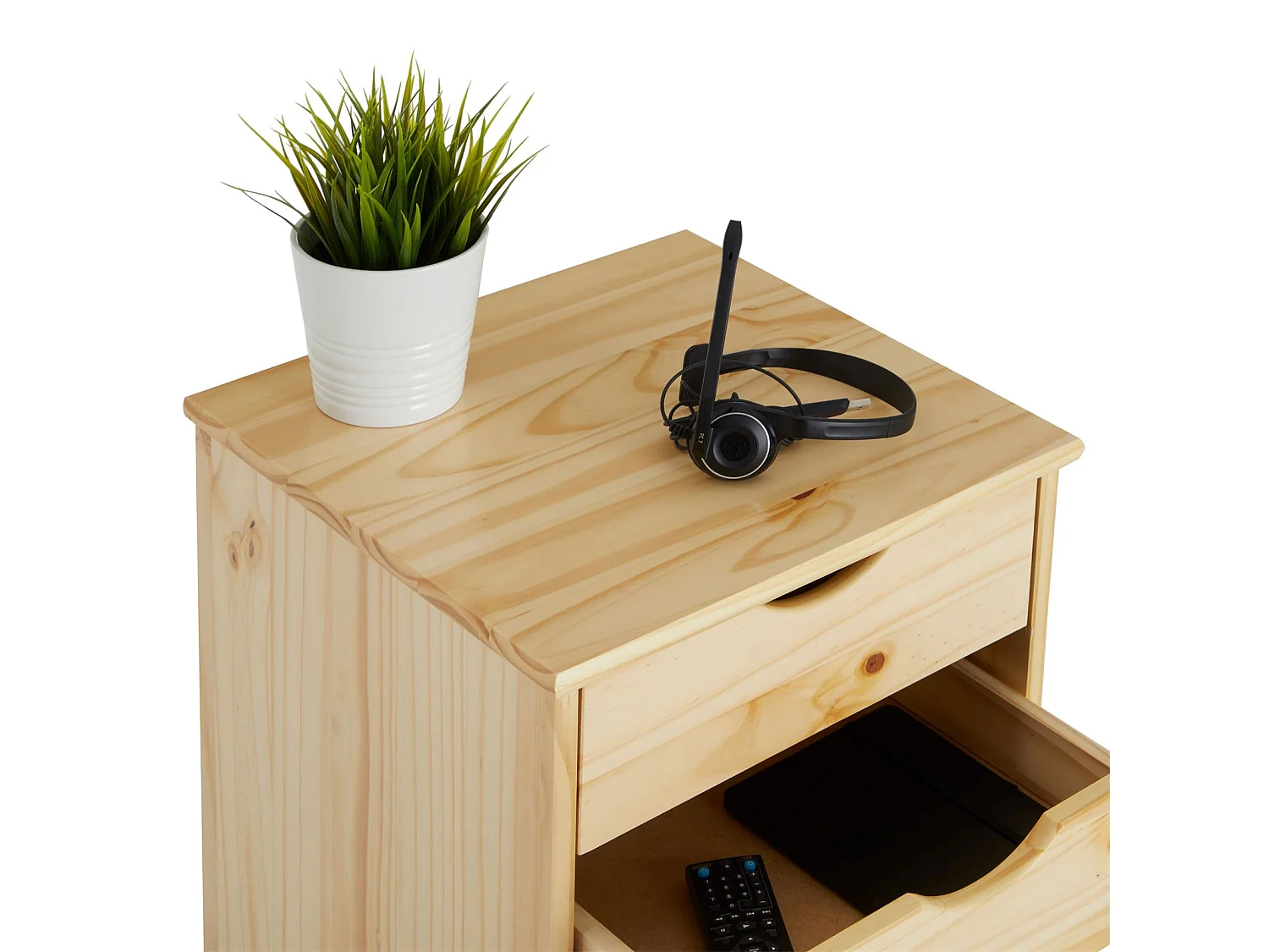 Caisson de bureau KANO, meuble de rangement sur roulettes avec 2 tiroirs et 1 niche, en pin massif naturel