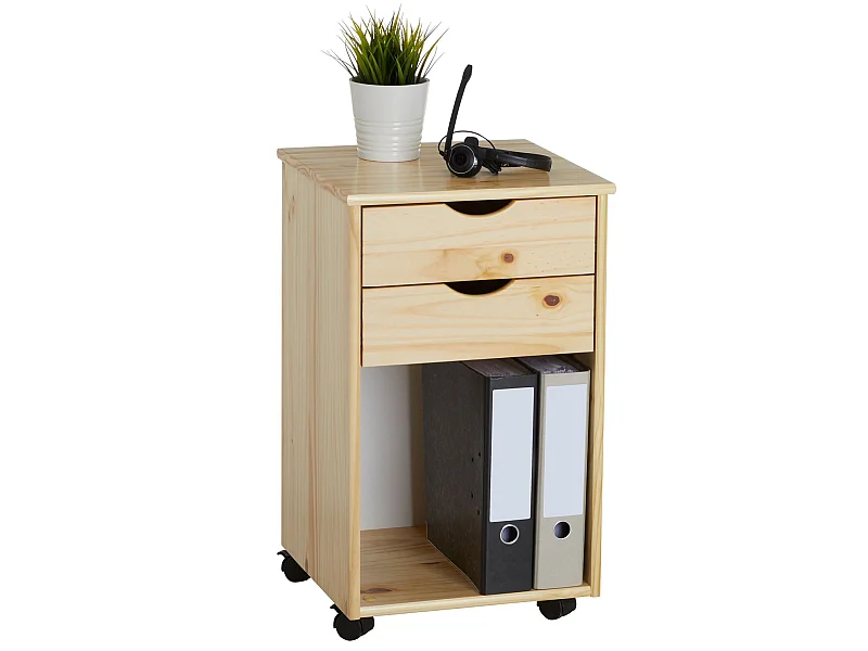 Caisson de bureau KANO, meuble de rangement sur roulettes avec 2 tiroirs et 1 niche, en pin massif naturel