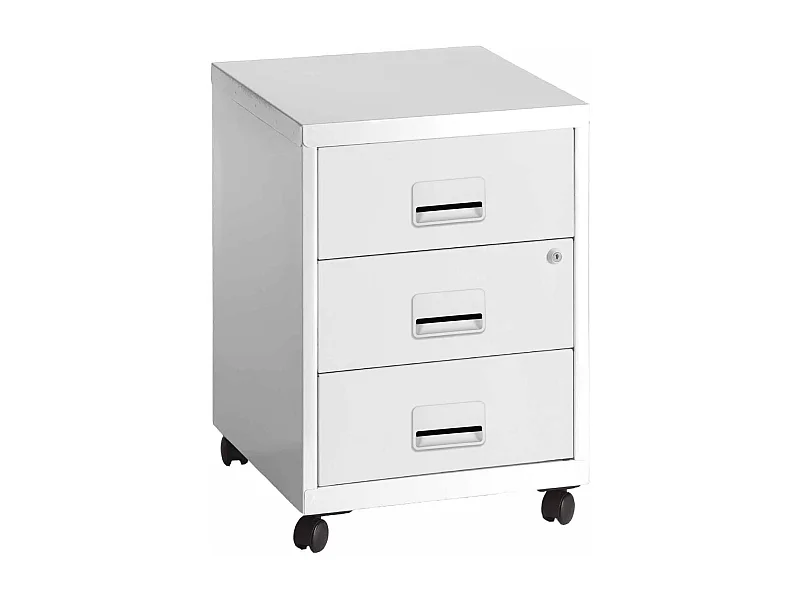 Caisson de rangement 3 tiroirs en acier sur roulettes Blanc mat