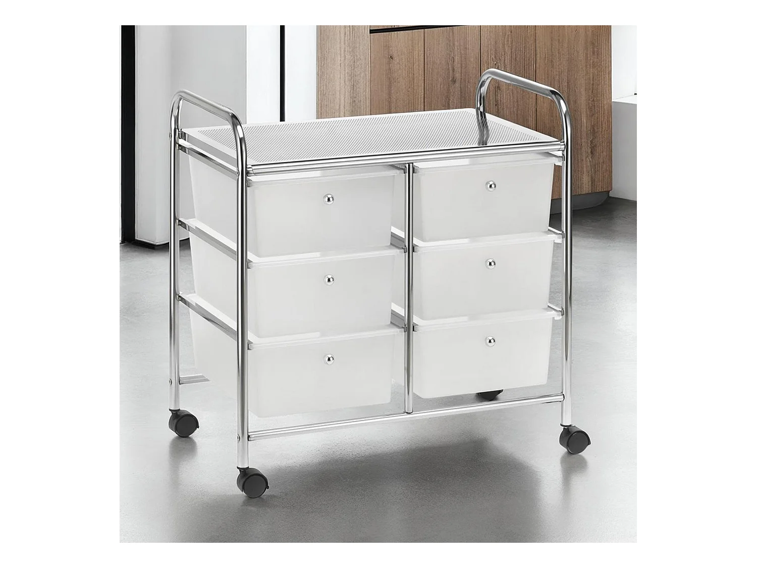 Caisson sur roulettes GINA chariot avec 6 tiroirs en plastique blanc transparent et 1 étagère, rangement salle de bain