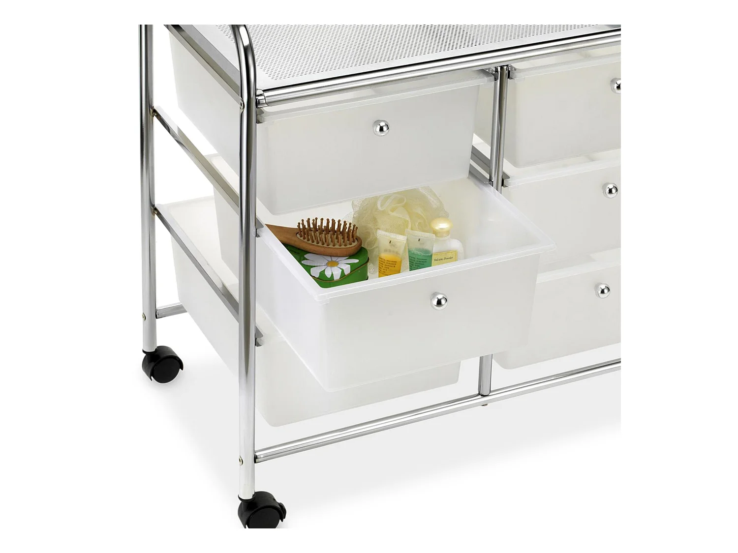 Caisson sur roulettes GINA chariot avec 6 tiroirs en plastique blanc transparent et 1 étagère, rangement salle de bain