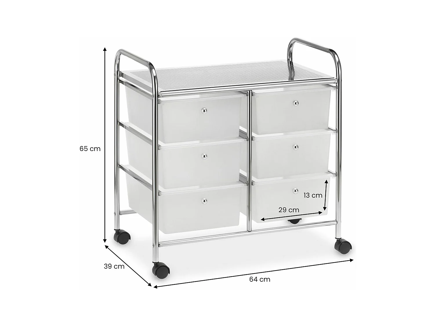 Caisson sur roulettes GINA chariot avec 6 tiroirs en plastique blanc transparent et 1 étagère, rangement salle de bain