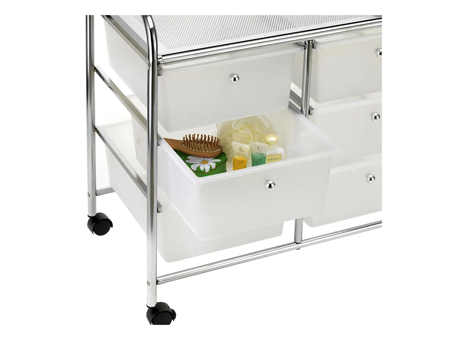 Caisson sur roulettes GINA chariot avec 6 tiroirs en plastique blanc transparent et 1 étagère, rangement salle de bain