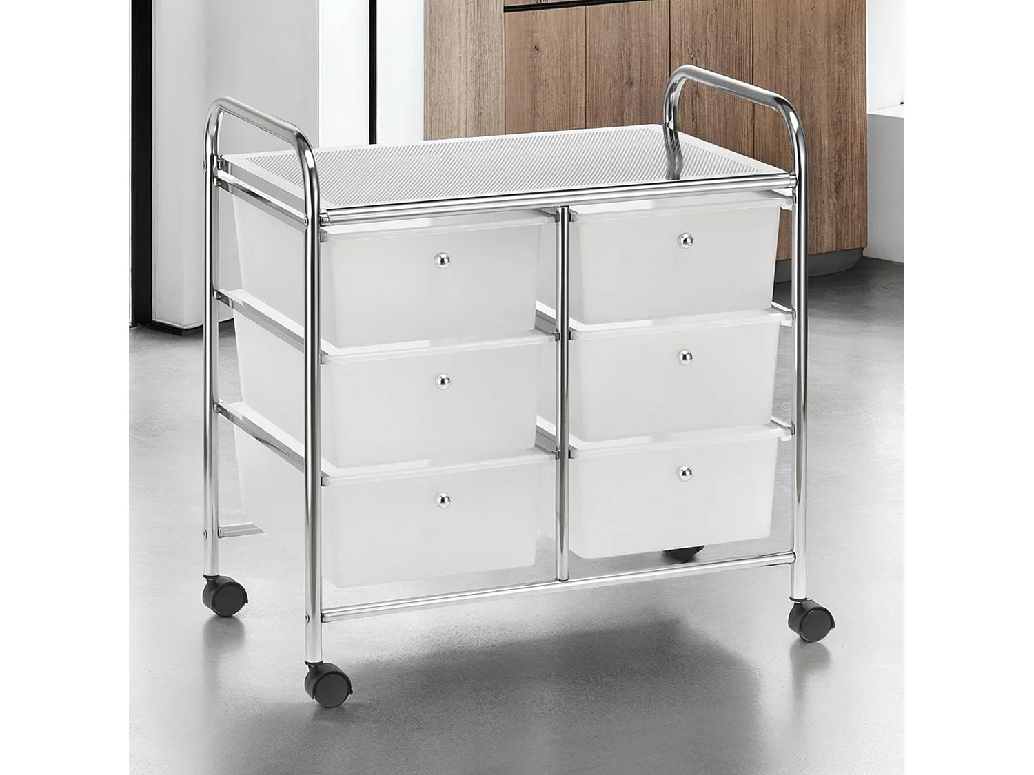 Caisson sur roulettes GINA chariot avec 6 tiroirs en plastique blanc transparent et 1 étagère, rangement salle de bain