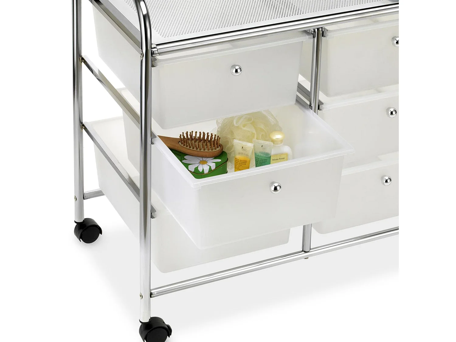 Caisson sur roulettes GINA chariot avec 6 tiroirs en plastique blanc transparent et 1 étagère, rangement salle de bain