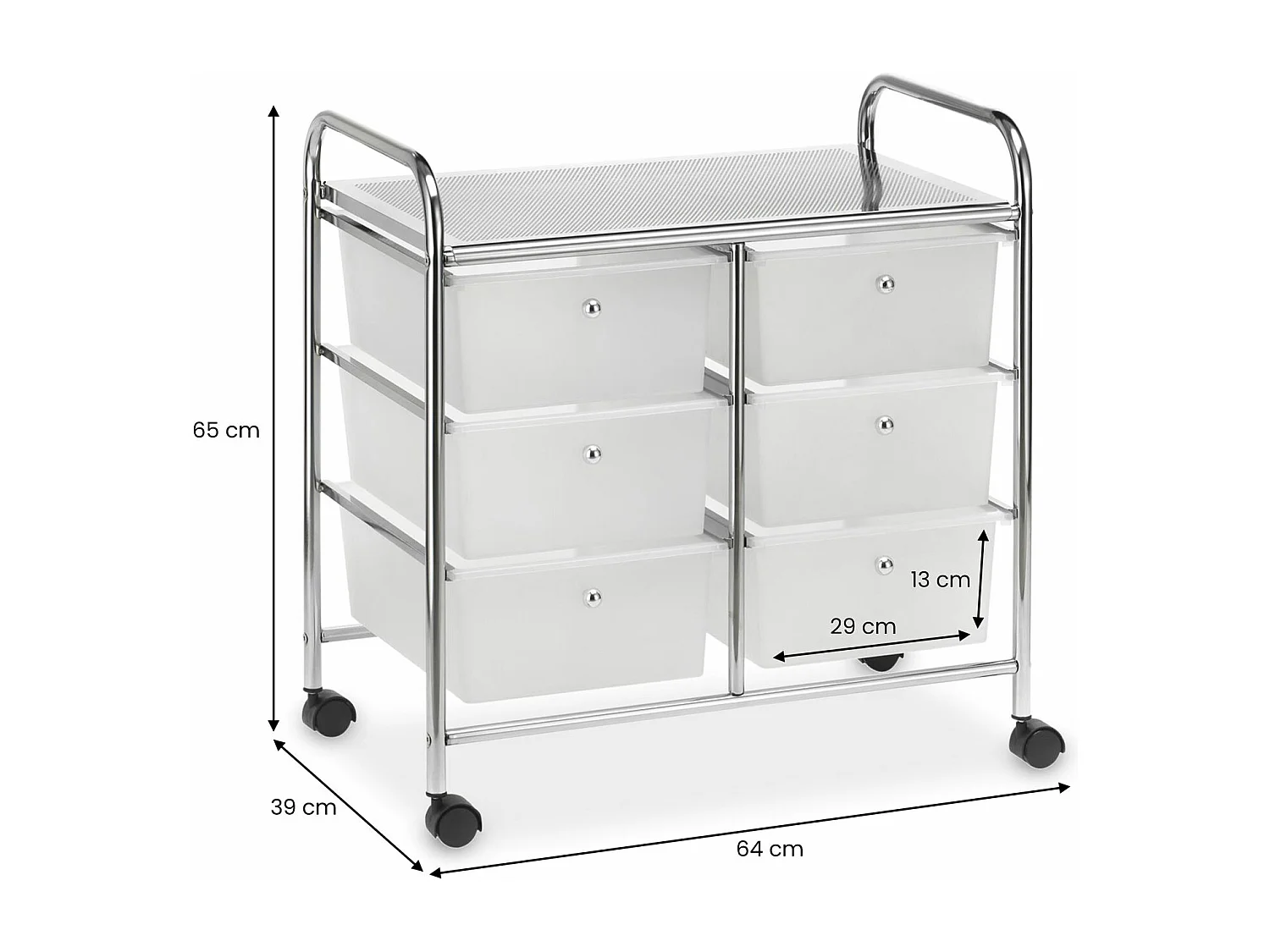 Caisson sur roulettes GINA chariot avec 6 tiroirs en plastique blanc transparent et 1 étagère, rangement salle de bain