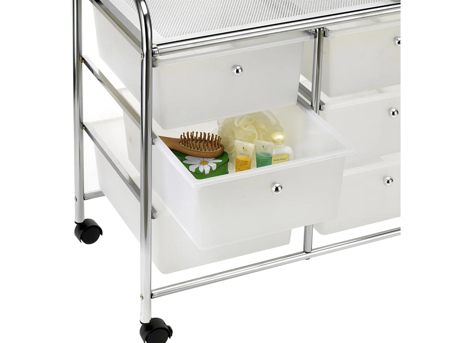 Caisson sur roulettes GINA chariot avec 6 tiroirs en plastique blanc transparent et 1 étagère, rangement salle de bain