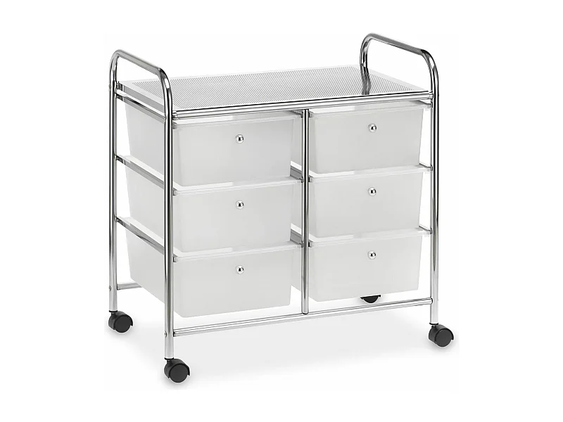 Caisson sur roulettes GINA chariot avec 6 tiroirs en plastique blanc transparent et 1 étagère, rangement salle de bain
