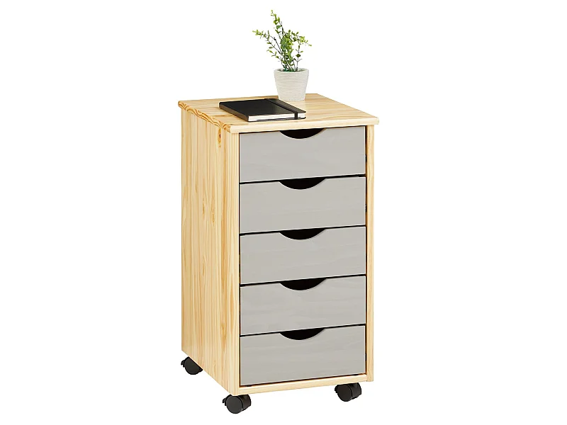 Caisson de bureau LAGOS meuble de rangement sur roulettes avec 5 tiroirs, en pin massif finition vernis naturel et lasuré gris