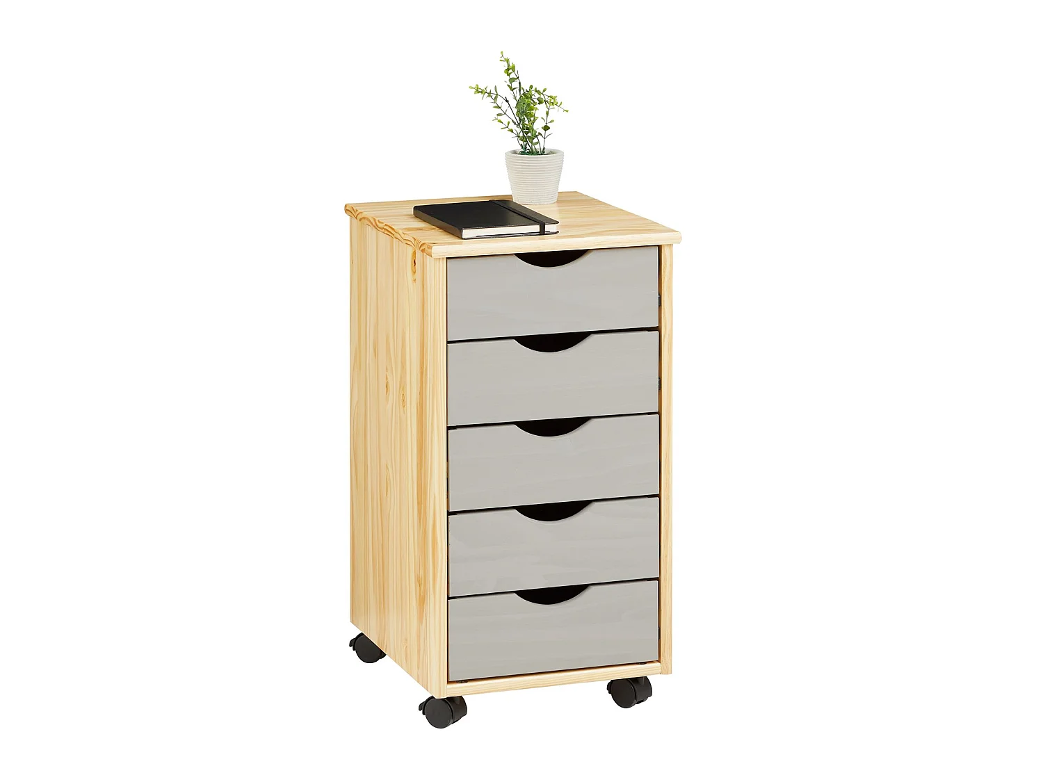 Caisson de bureau LAGOS meuble de rangement sur roulettes avec 5 tiroirs, en pin massif finition vernis naturel et lasuré gris