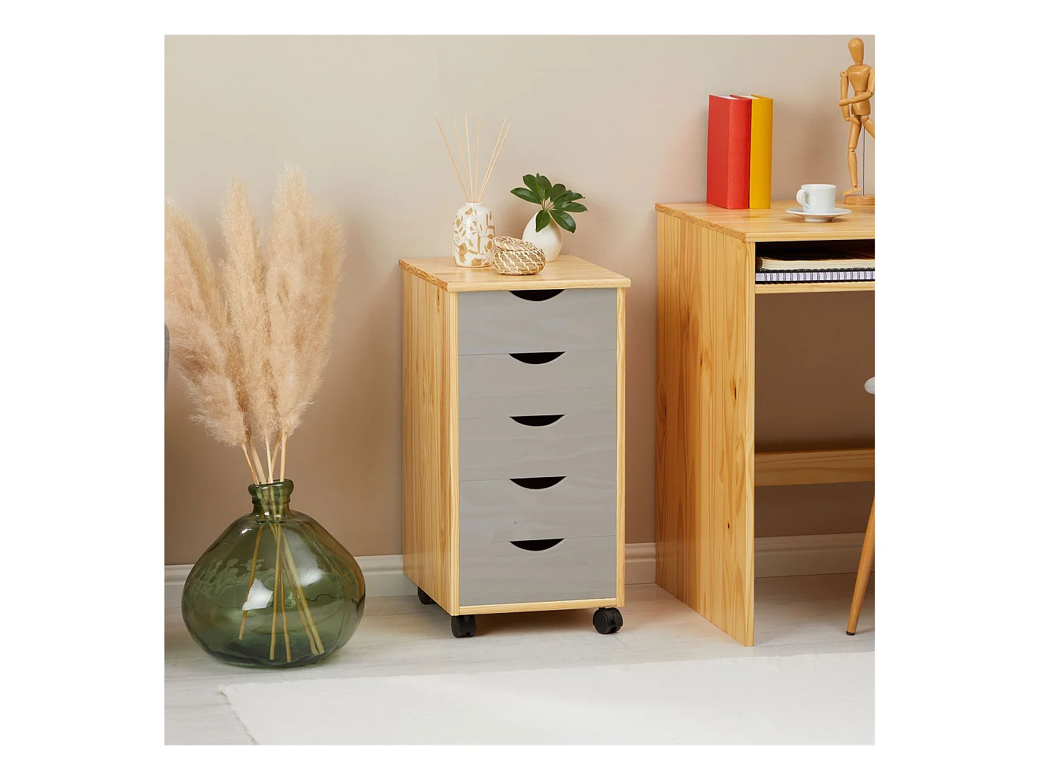 Caisson de bureau LAGOS meuble de rangement sur roulettes avec 5 tiroirs, en pin massif finition vernis naturel et lasuré gris