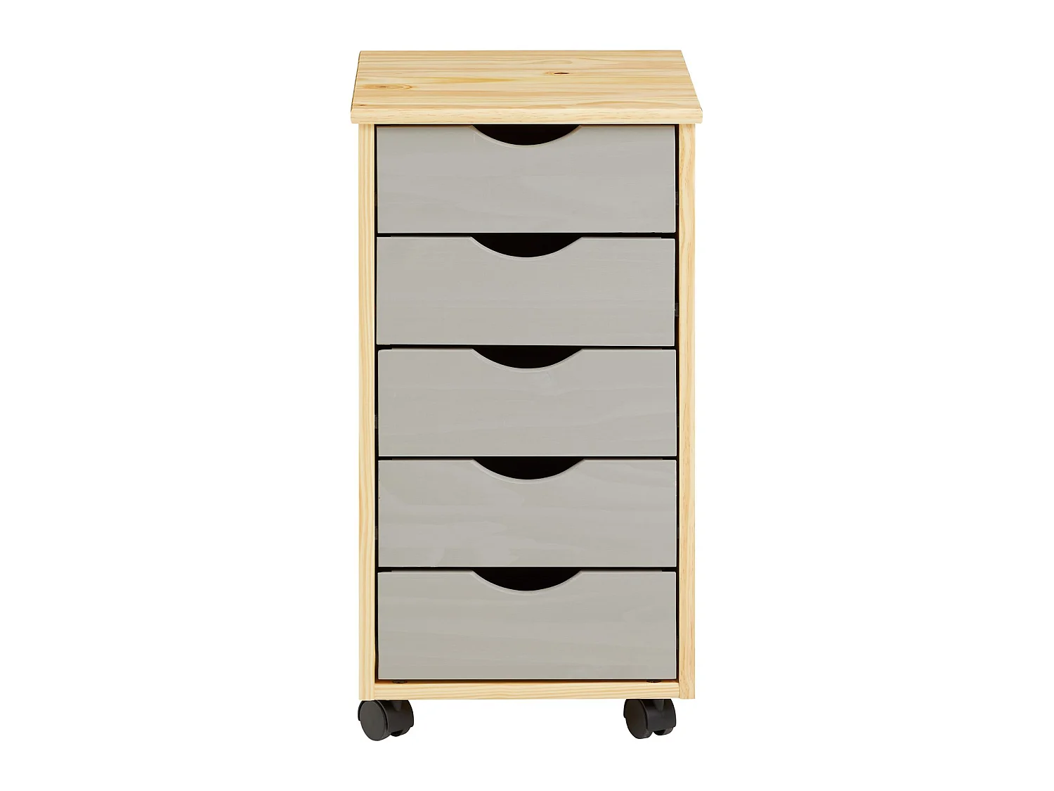 Caisson de bureau LAGOS meuble de rangement sur roulettes avec 5 tiroirs, en pin massif finition vernis naturel et lasuré gris