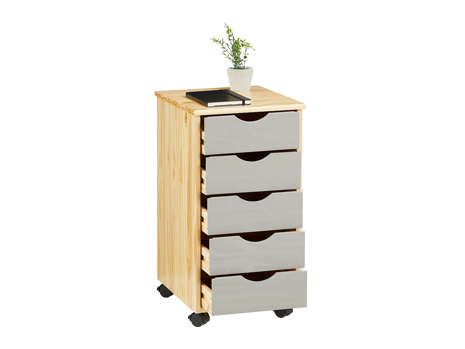 Caisson de bureau LAGOS meuble de rangement sur roulettes avec 5 tiroirs, en pin massif finition vernis naturel et lasuré gris