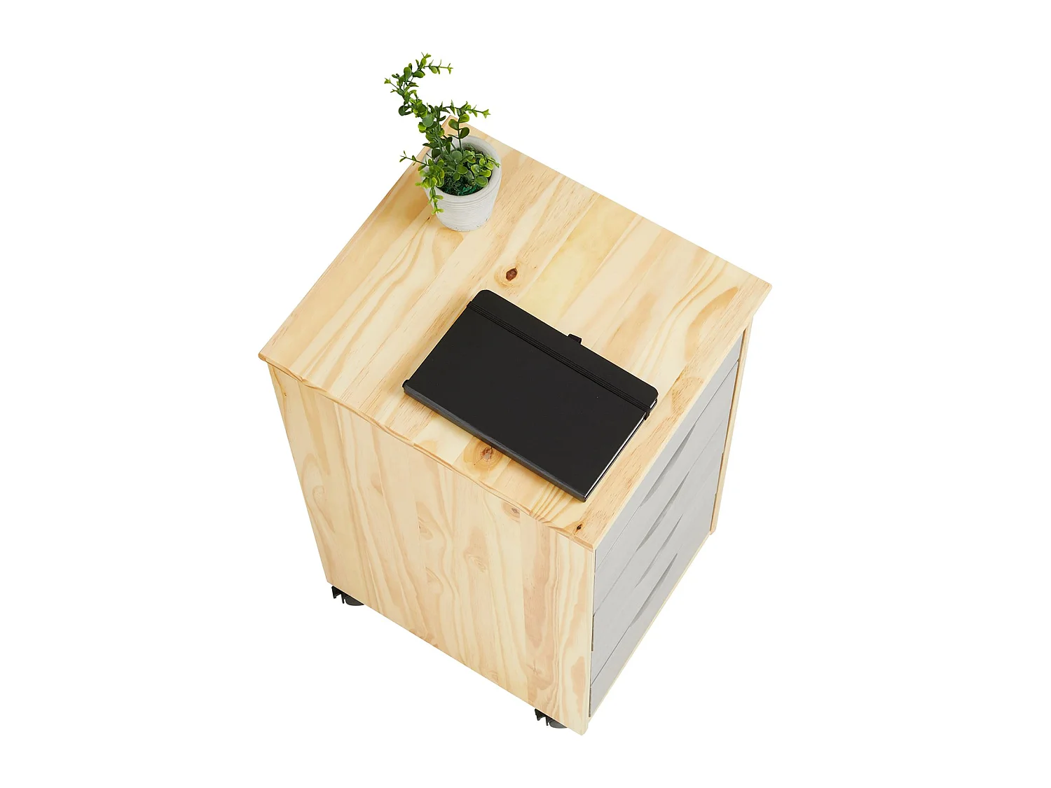 Caisson de bureau LAGOS meuble de rangement sur roulettes avec 5 tiroirs, en pin massif finition vernis naturel et lasuré gris