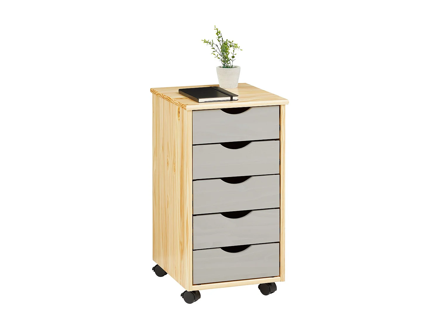 Caisson de bureau LAGOS meuble de rangement sur roulettes avec 5 tiroirs, en pin massif finition vernis naturel et lasuré gris