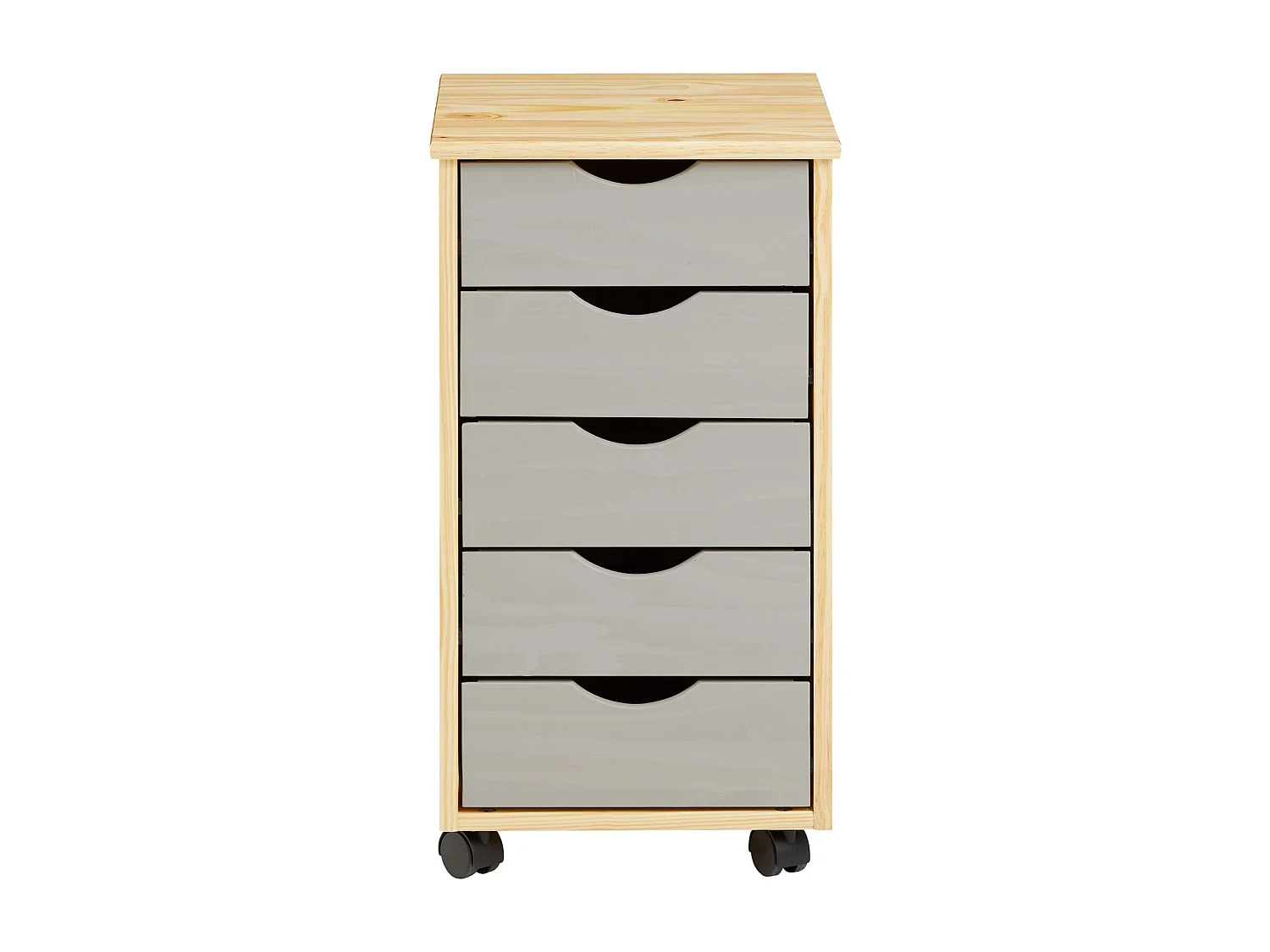 Caisson de bureau LAGOS meuble de rangement sur roulettes avec 5 tiroirs, en pin massif finition vernis naturel et lasuré gris