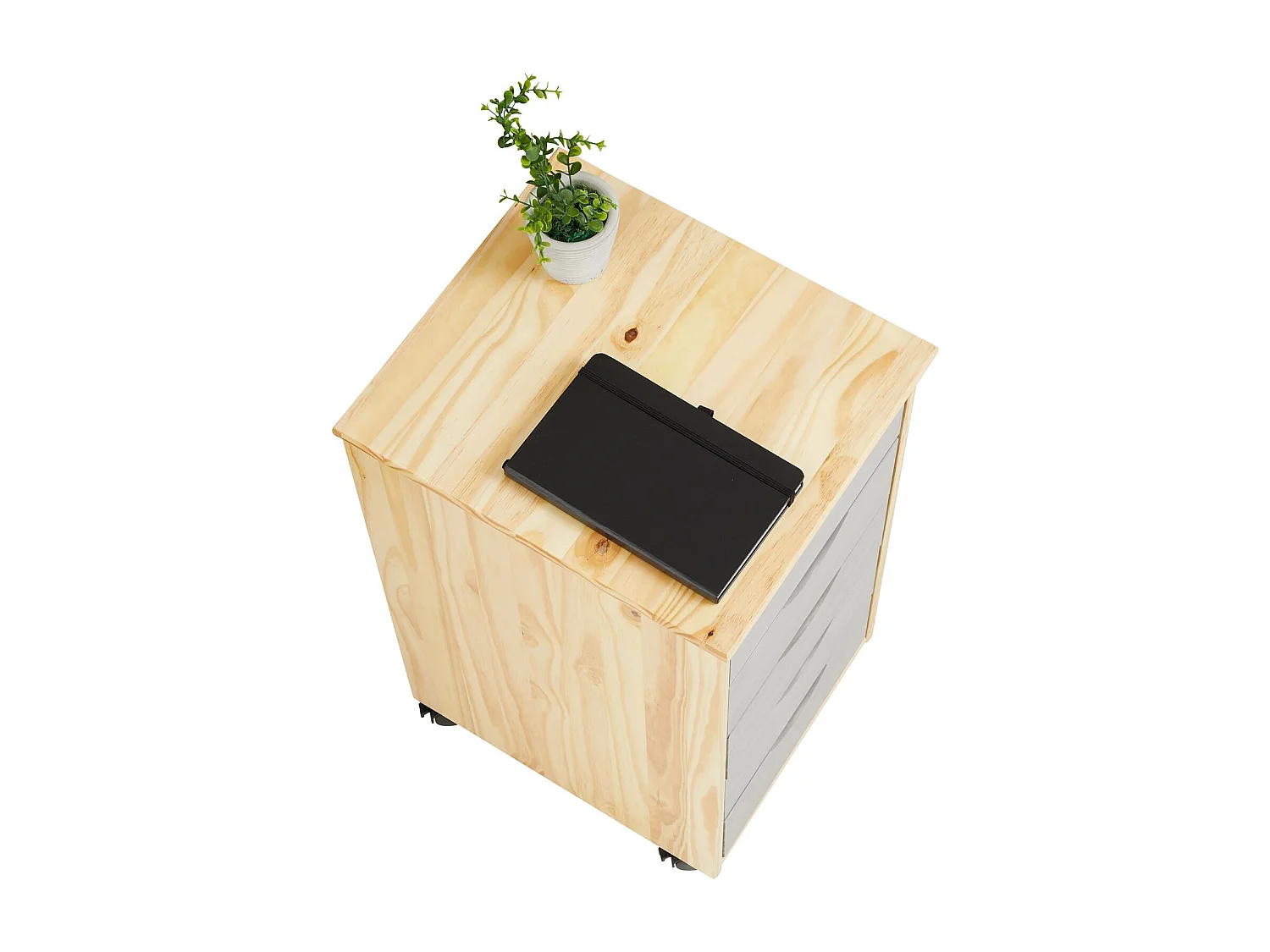 Caisson de bureau LAGOS meuble de rangement sur roulettes avec 5 tiroirs, en pin massif finition vernis naturel et lasuré gris