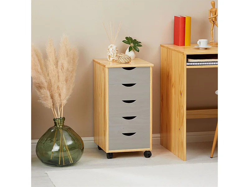 Caisson de bureau LAGOS meuble de rangement sur roulettes avec 5 tiroirs, en pin massif finition vernis naturel et lasuré gris
