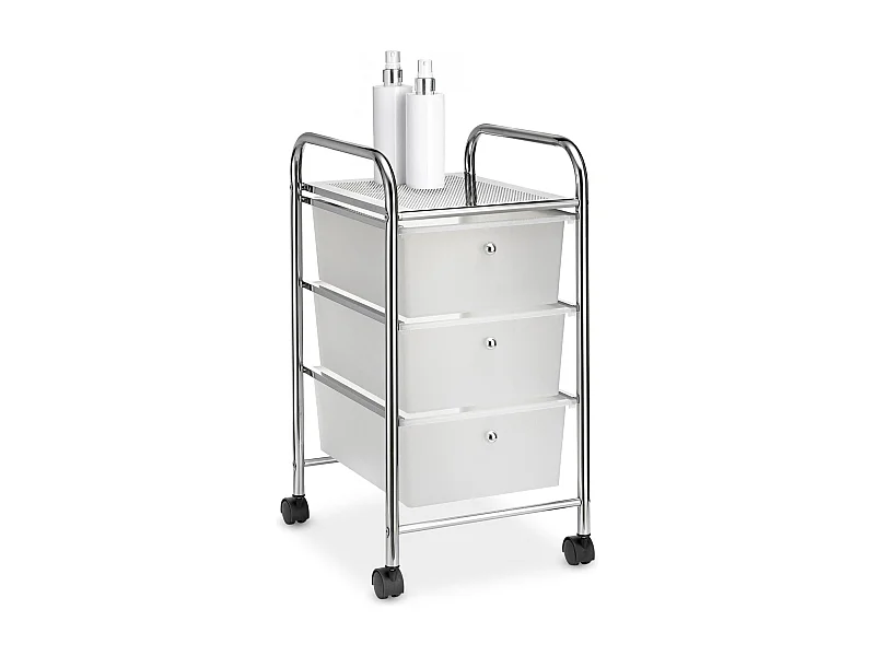 Caisson sur roulettes GINA chariot avec 3 tiroirs en plastique blanc transparent et 1 étagère, rangement salle de bain métal chromé