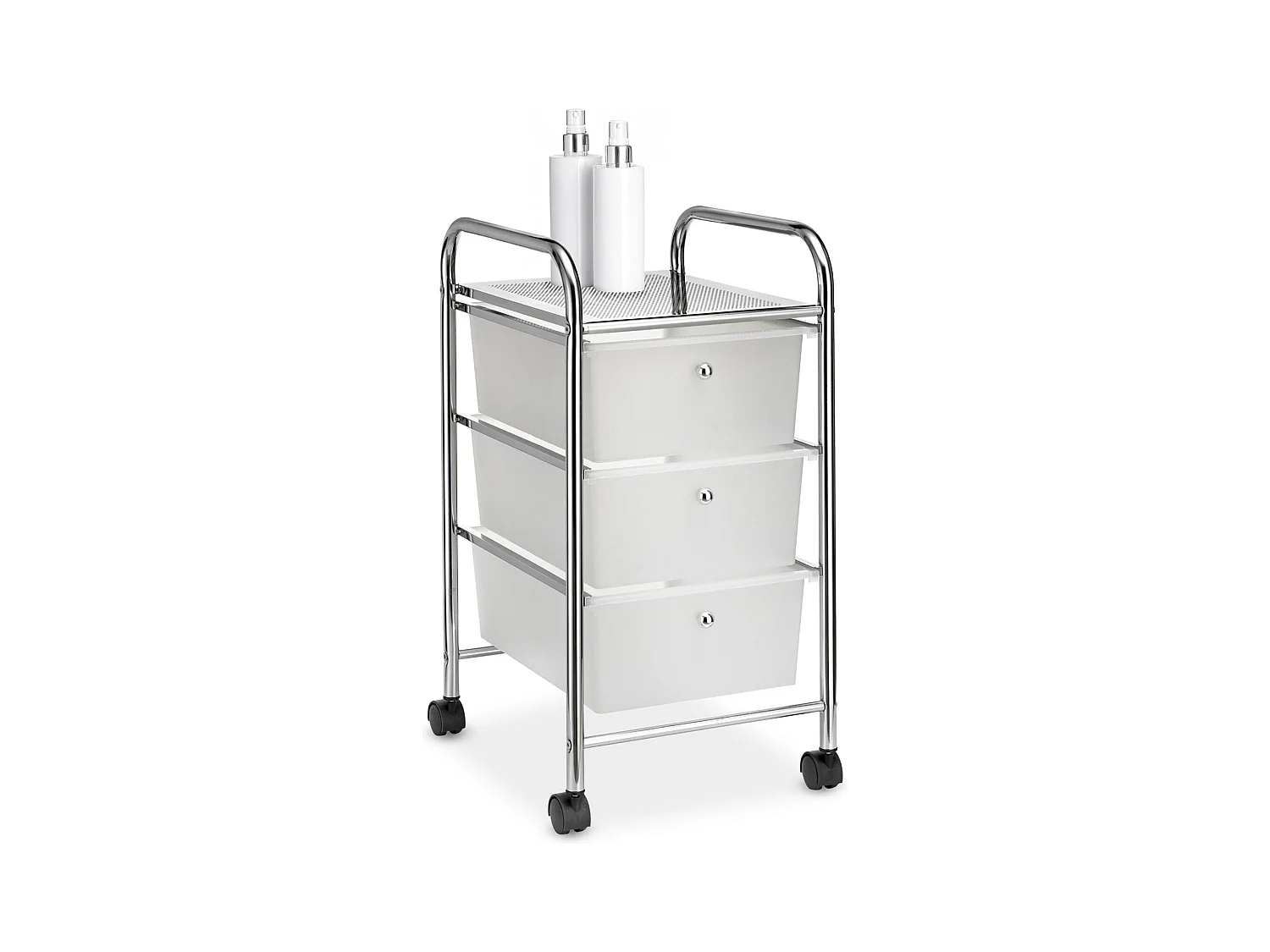 Caisson sur roulettes GINA chariot avec 3 tiroirs en plastique blanc transparent et 1 étagère, rangement salle de bain métal chromé