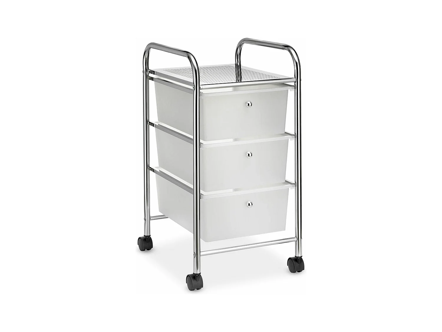 Caisson sur roulettes GINA chariot avec 3 tiroirs en plastique blanc transparent et 1 étagère, rangement salle de bain métal chromé