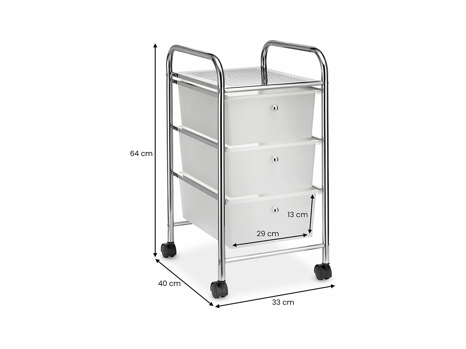 Caisson sur roulettes GINA chariot avec 3 tiroirs en plastique blanc transparent et 1 étagère, rangement salle de bain métal chromé