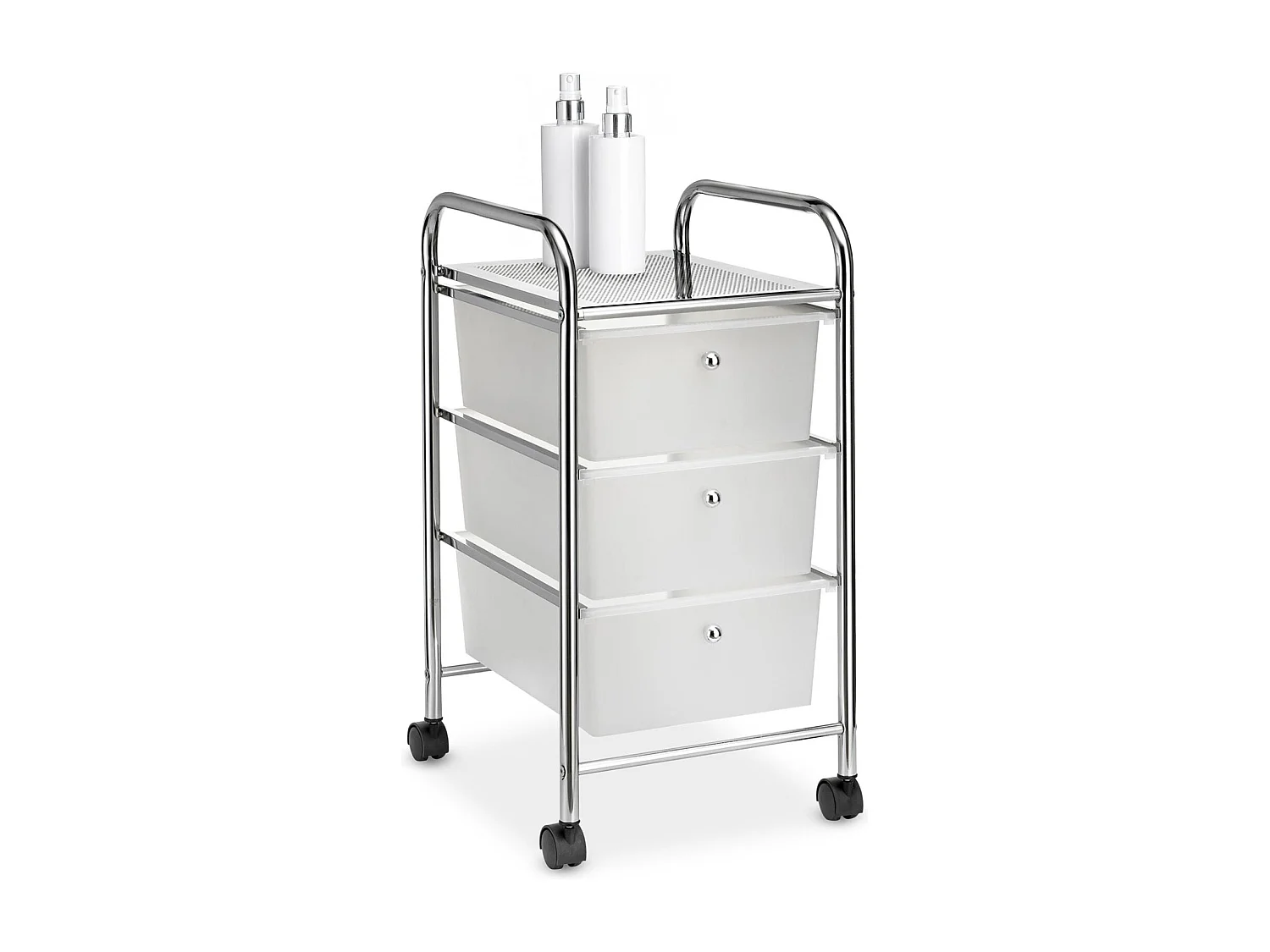 Caisson sur roulettes GINA chariot avec 3 tiroirs en plastique blanc transparent et 1 étagère, rangement salle de bain métal chromé