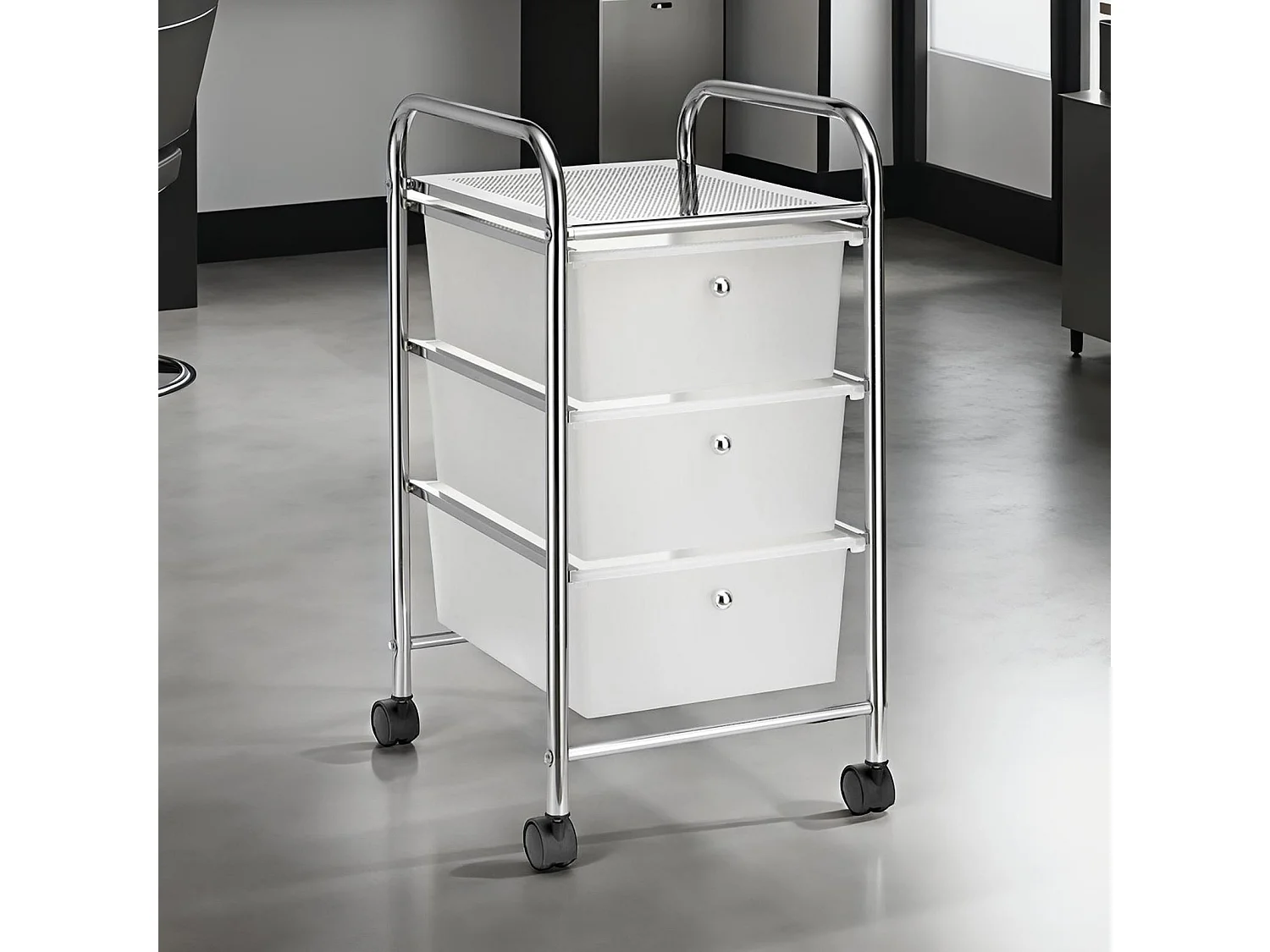 Caisson sur roulettes GINA chariot avec 3 tiroirs en plastique blanc transparent et 1 étagère, rangement salle de bain métal chromé