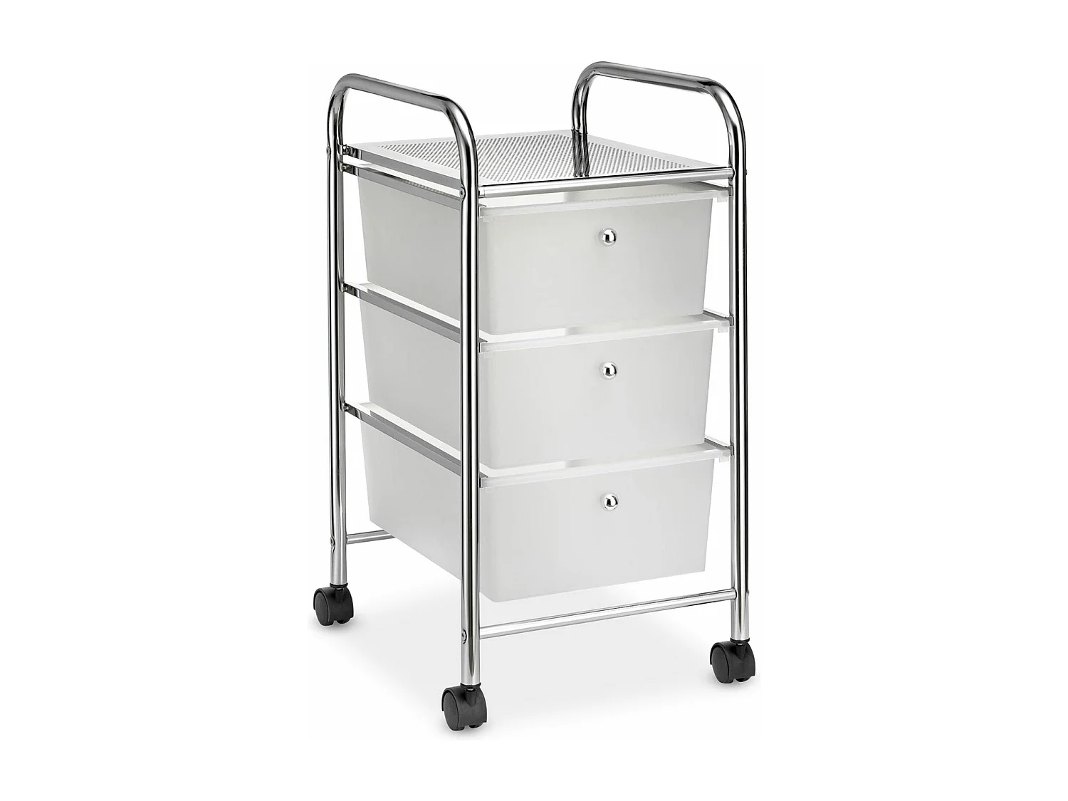Caisson sur roulettes GINA chariot avec 3 tiroirs en plastique blanc transparent et 1 étagère, rangement salle de bain métal chromé