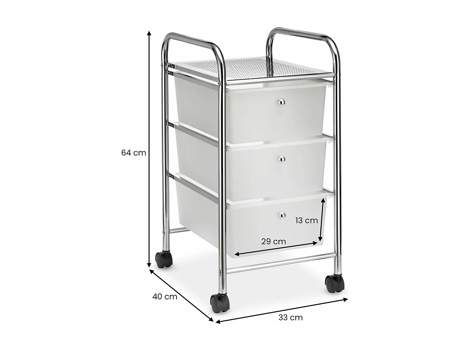Caisson sur roulettes GINA chariot avec 3 tiroirs en plastique blanc transparent et 1 étagère, rangement salle de bain métal chromé