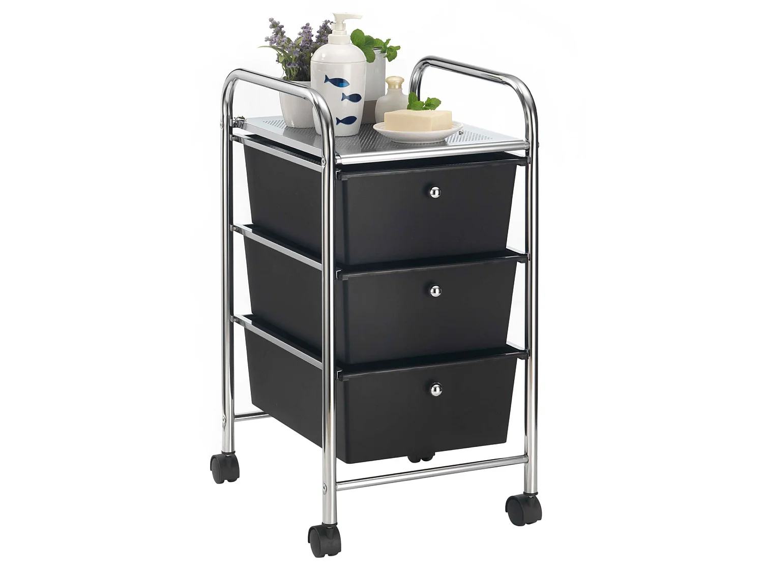 Caisson sur roulettes GINA chariot avec 3 tiroirs en plastique noir et 1 étagère, rangement salle de bain en métal chromé