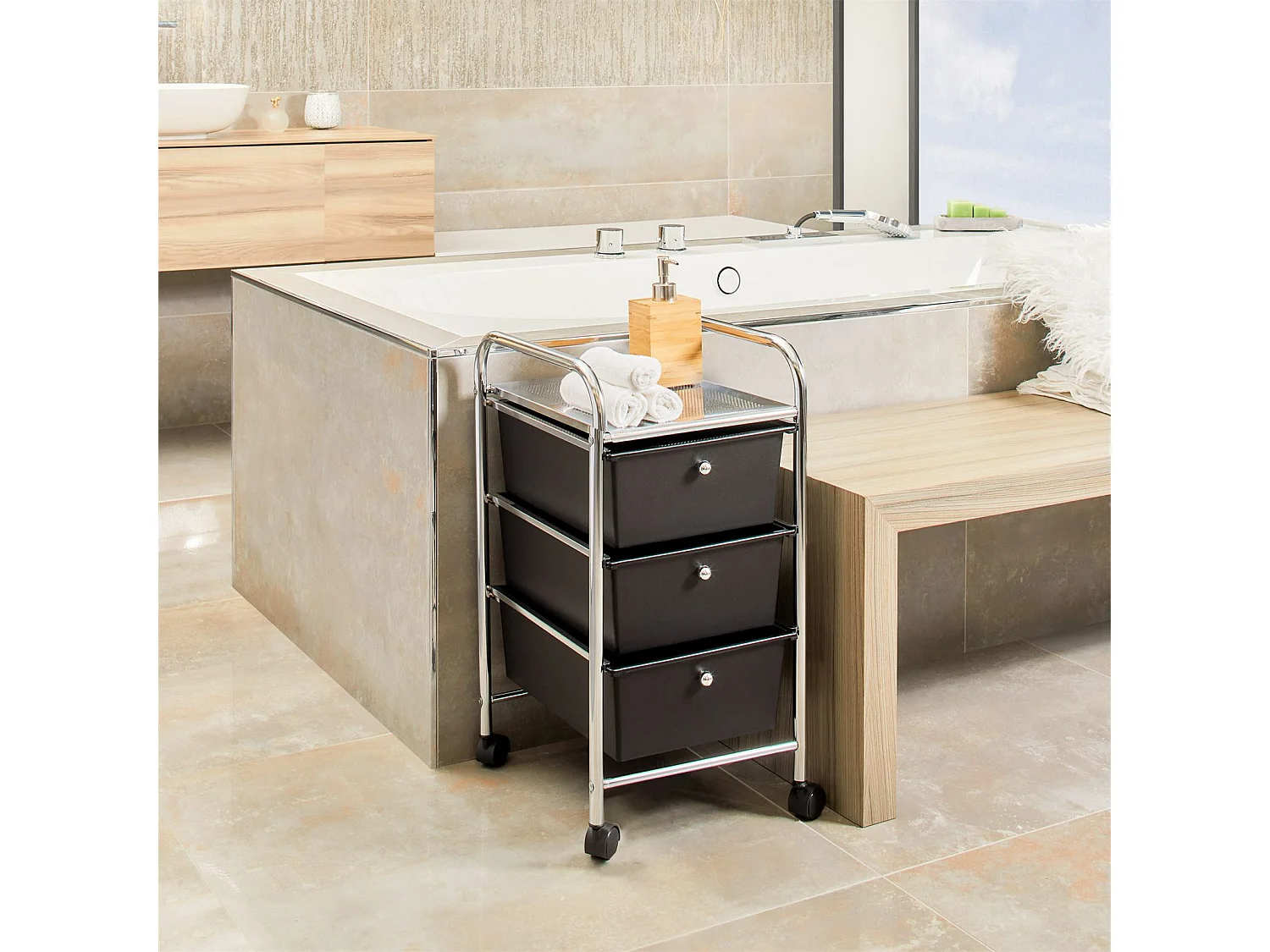 Caisson sur roulettes GINA chariot avec 3 tiroirs en plastique noir et 1 étagère, rangement salle de bain en métal chromé