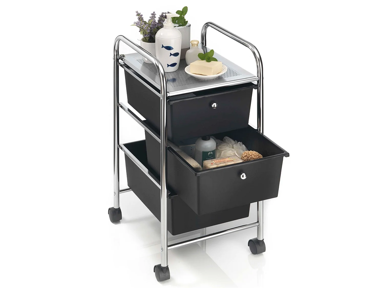 Caisson sur roulettes GINA chariot avec 3 tiroirs en plastique noir et 1 étagère, rangement salle de bain en métal chromé