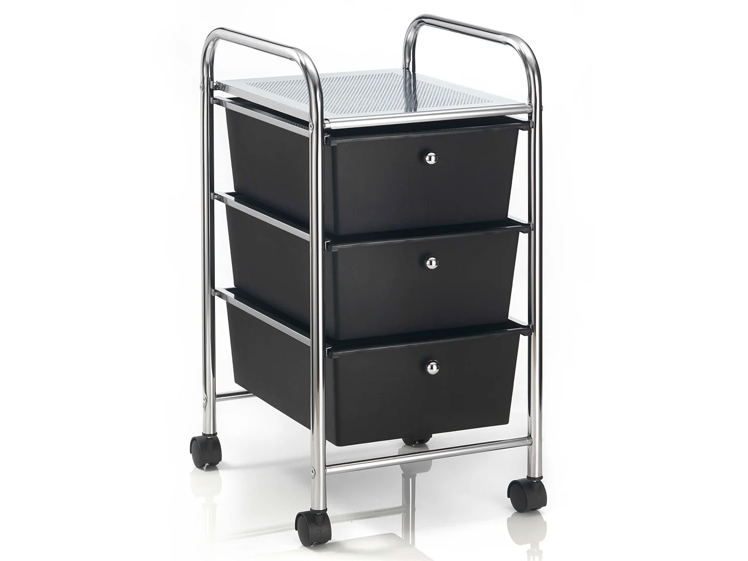Caisson sur roulettes GINA chariot avec 3 tiroirs en plastique noir et 1 étagère, rangement salle de bain en métal chromé