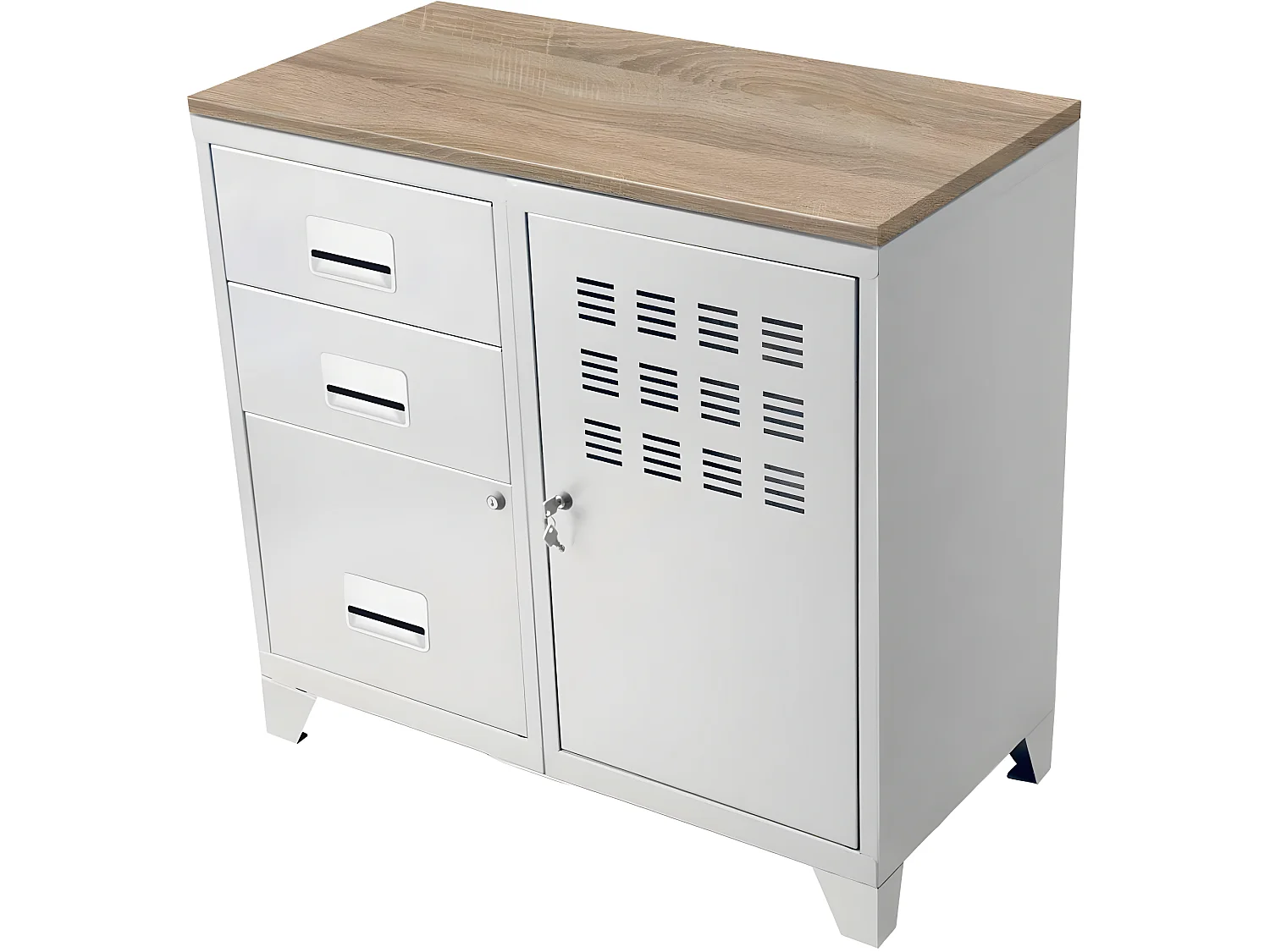 Meuble bureau métal 1 porte 3 tiroirs Blanc mat