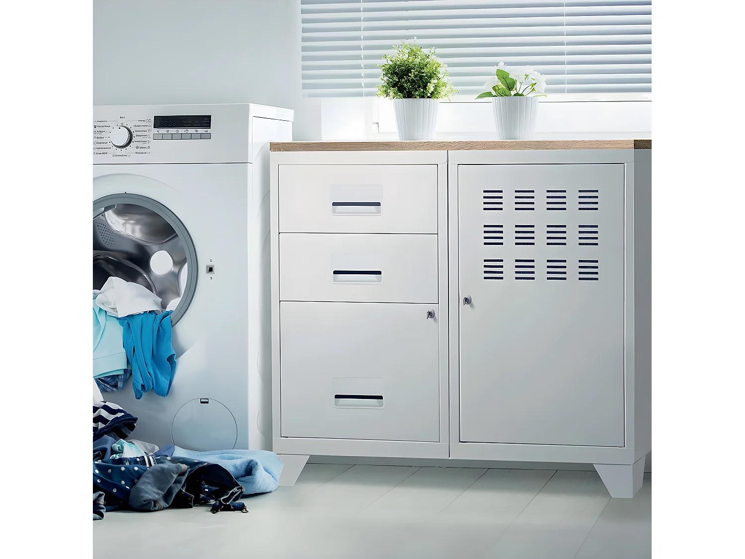 Meuble bureau métal 1 porte 3 tiroirs Blanc mat