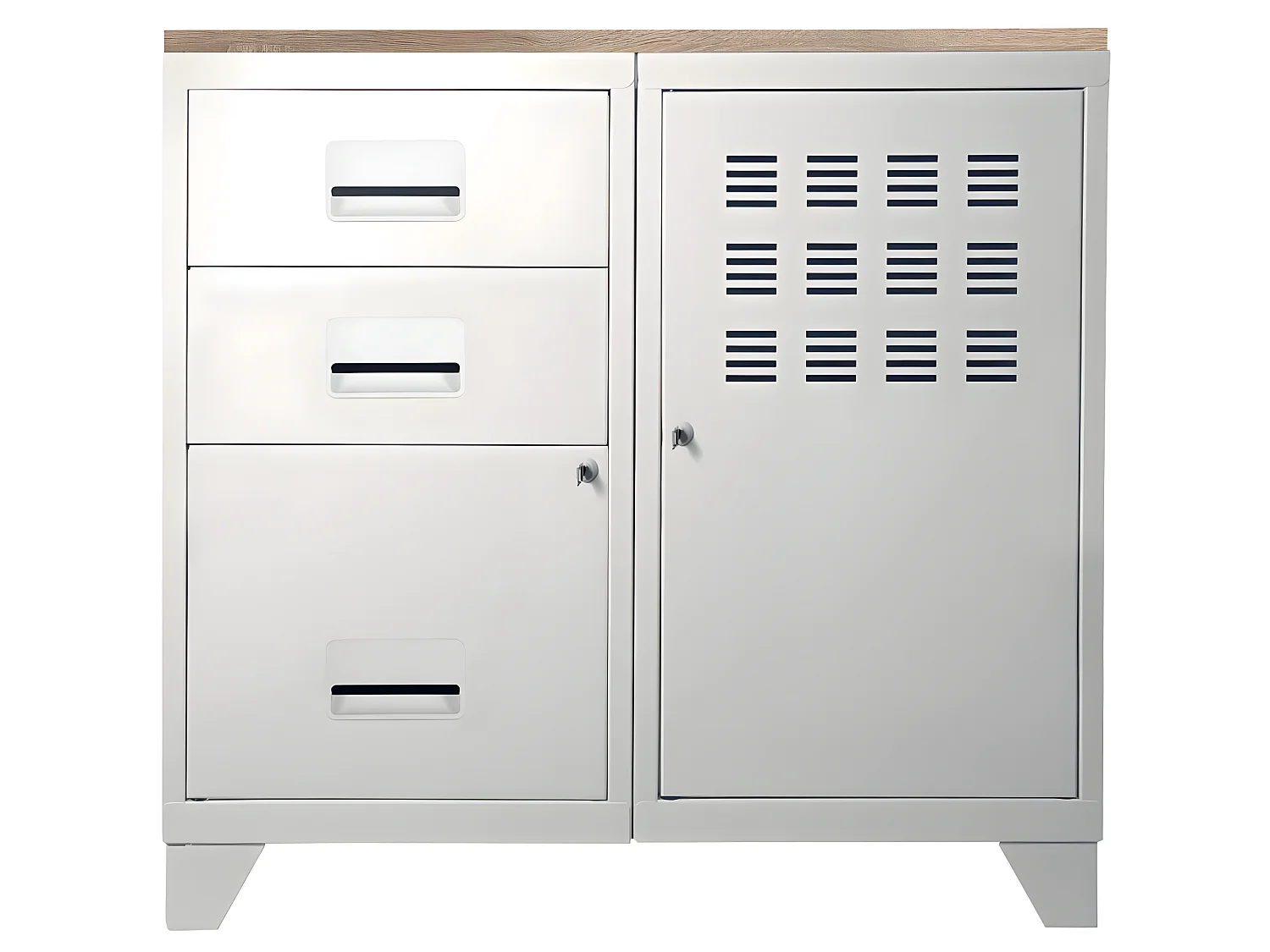 Meuble bureau métal 1 porte 3 tiroirs Blanc mat