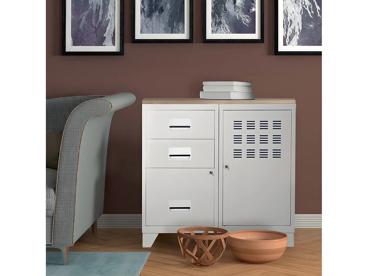 Meuble bureau métal 1 porte 3 tiroirs Blanc mat