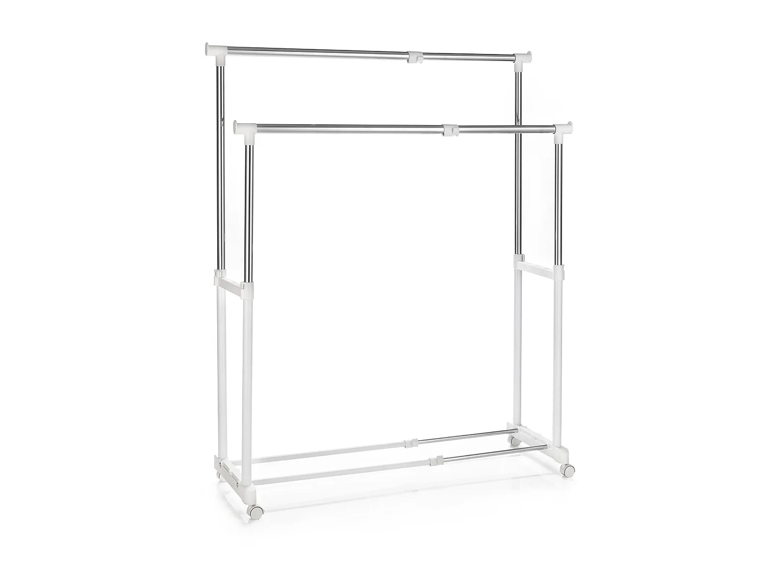 Portant à vêtements CASA en métal chromé et blanc, penderie double sur roulettes avec 2 barres hauteur et longueur réglables